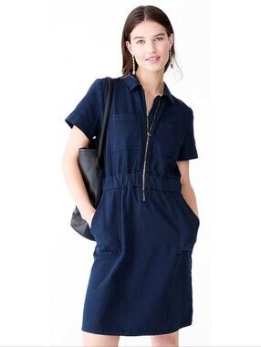 J Crew Zip Front Chino Dress Navy Blue Collar Pockets Utility Classic Shift